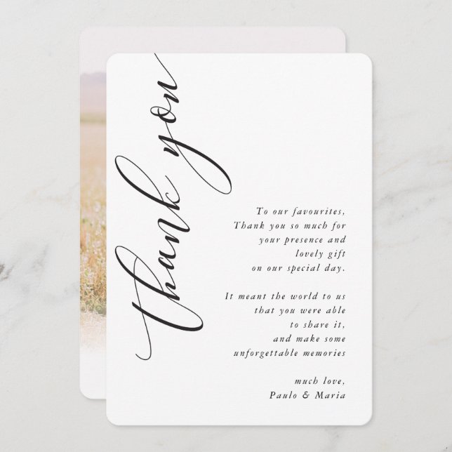 Invitation MARIAGE MERCI photo calligraphie du côté moderne (Devant / Derrière)