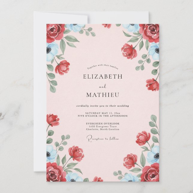 Invitation Mariage Merlot Azur Pétales (Devant)