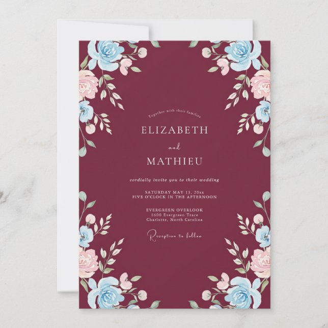 Invitation Mariage Merlot Azuré Ranunculus Eucalyptus (Devant)