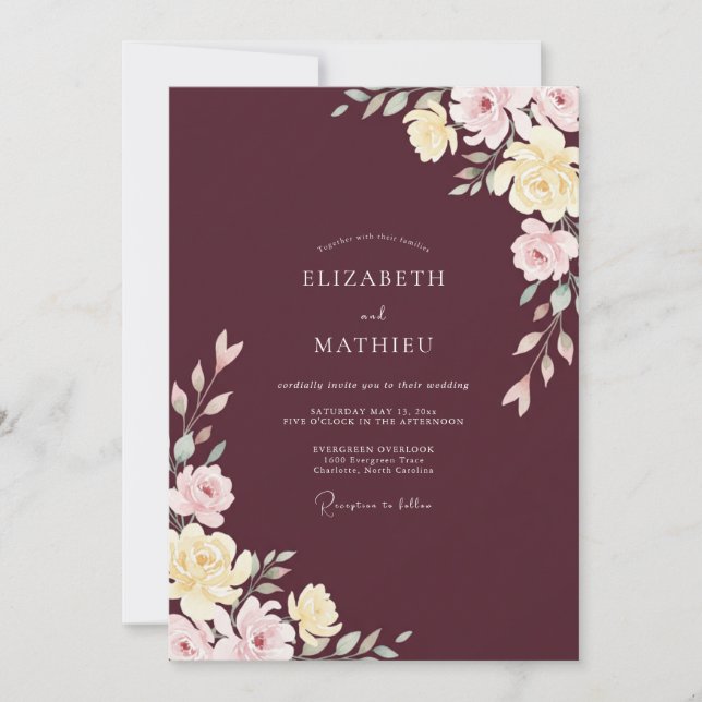 Invitation Mariage Merlot Blush Ranunculus Eucalyptus (Devant)