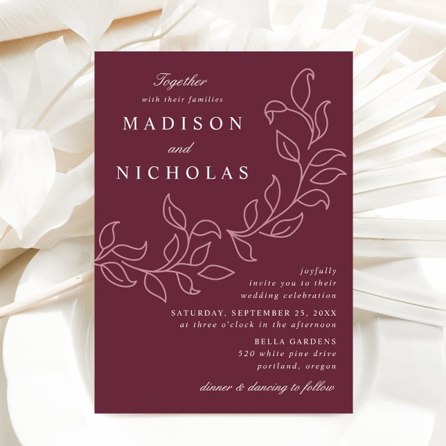 Invitation Mariage Merlot Feuilles en Cascade (Créateur téléchargé)