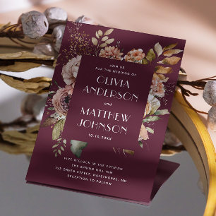 Invitation Mariage Merlot Profond Code QR Floral Bourgogne