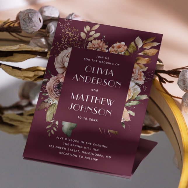 Invitation Mariage Merlot Profond | Code QR Floral Bourgogne  (Créateur téléchargé)