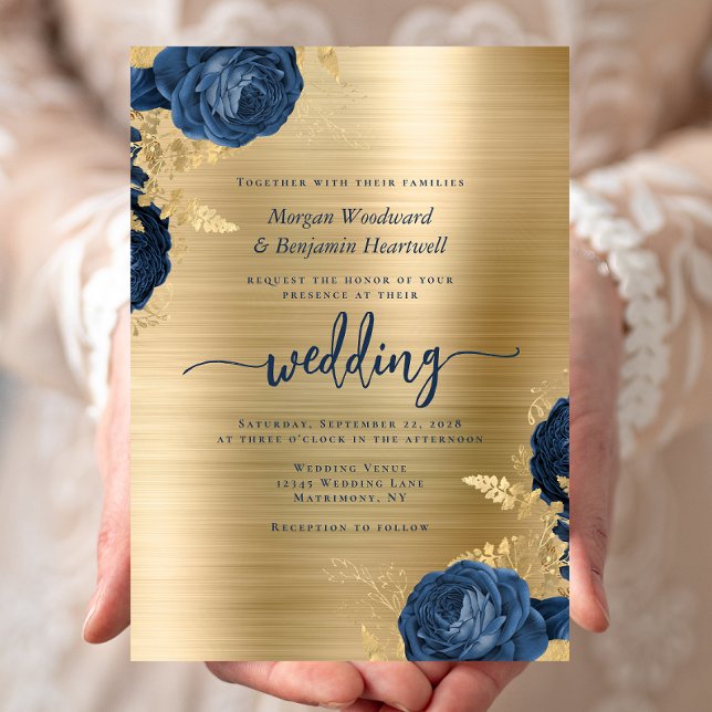 Invitation Mariage Métal Brossé Or Fleurs Bleu Marine (Créateur téléchargé)