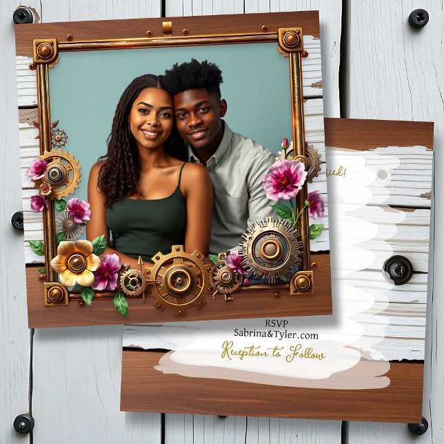 Invitation Mariage métallique en bois et vapeur (Créateur téléchargé)