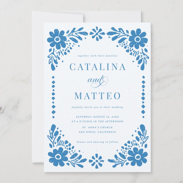 Invitation Mariage mexicain à la main de Papel Picado bleu bo (Devant)