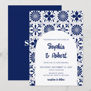 Invitation Mariage mexicain en carreaux de Talavera bleu
