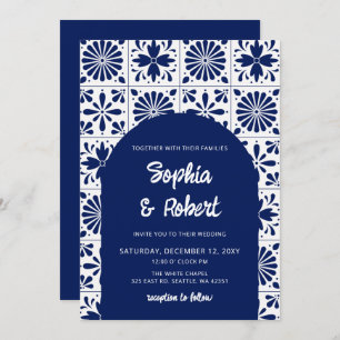 Invitation Mariage mexicain en carreaux de Talavera bleu