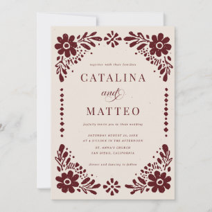 Invitation Mariage mexicain en ivoire et Bourgogne Papel Pica