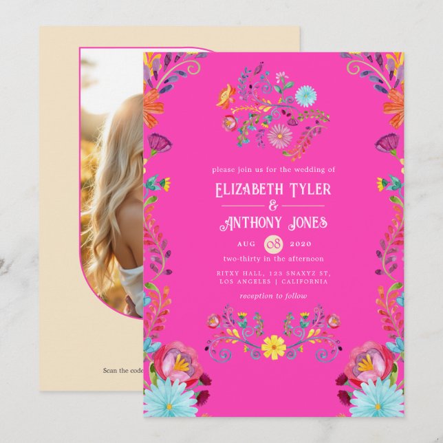 Invitation Mariage Mexicain Fiesta Fleur Magenta & Champagne (Devant / Derrière)