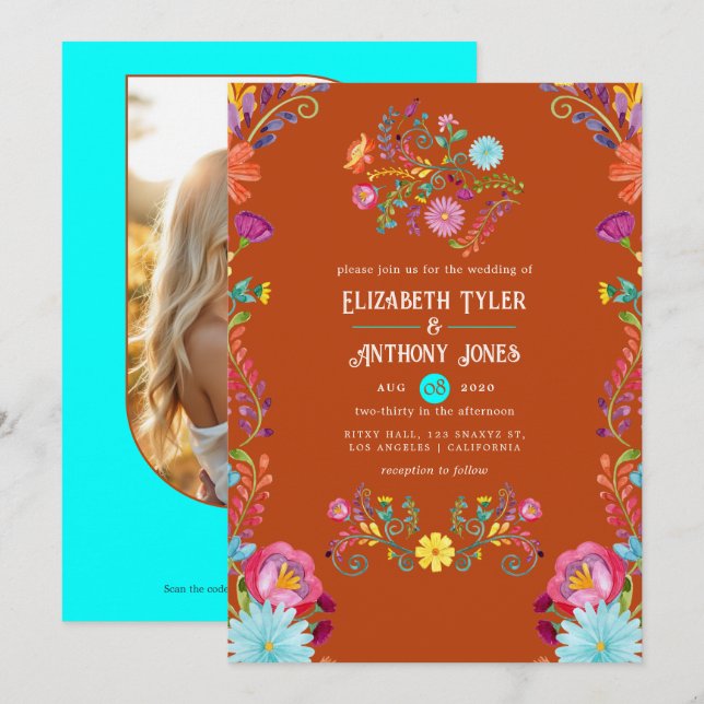 Invitation Mariage Mexicain Fiesta Floral Rust & Aqua (Devant / Derrière)
