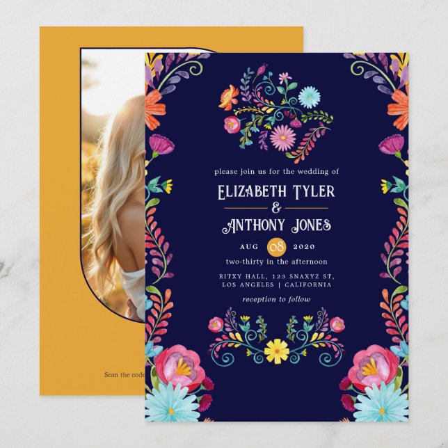 Invitation Mariage Mexicain Fiesta Navy Profond et Fleur de S (Devant / Derrière)