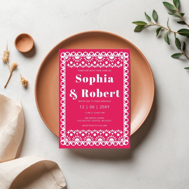 Invitation Mariage mexicain Fiesta Pink Papel Picado Boho (Mexican Fiesta Pink Papel Picado Boho Wedding Invitation)