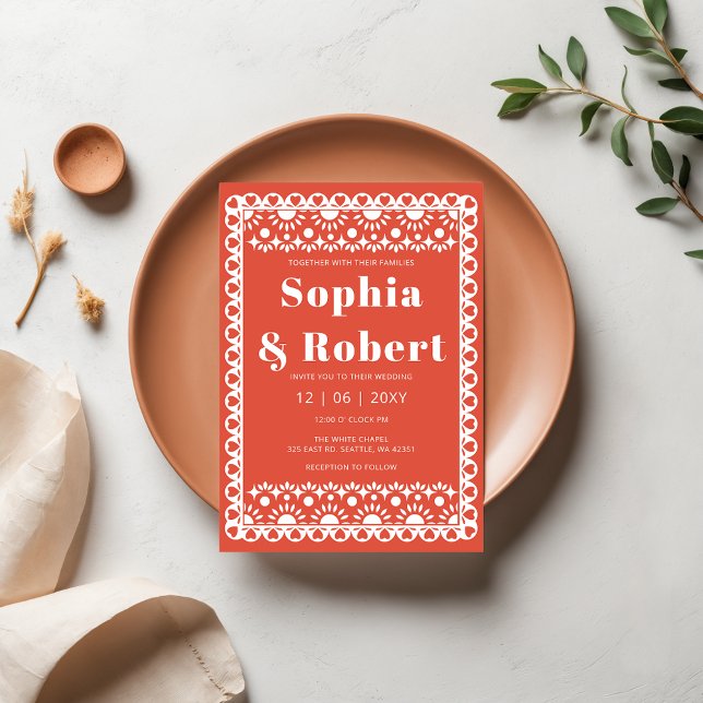 Invitation Mariage mexicain Fiesta Red Papel Picado Boho (Mexican Fiesta Red Papel Picado Boho Wedding Invitation)