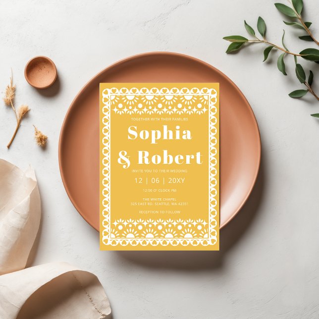 Invitation Mariage mexicain Fiesta Yellow Papel Picado Boho (Mexican Fiesta Yellow Papel Picado Boho Wedding Invitation)