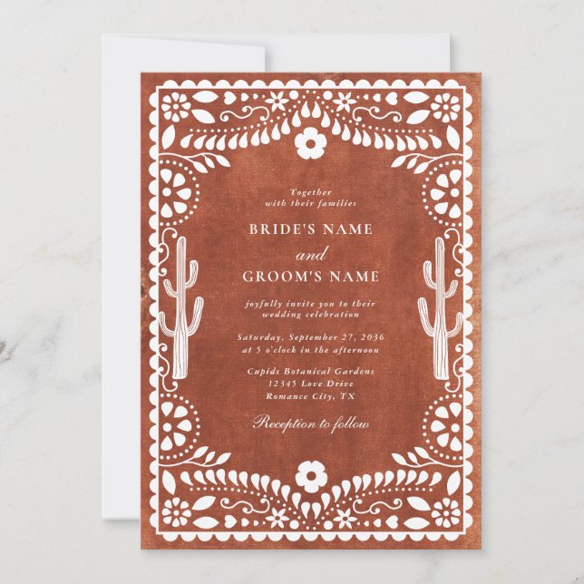 Invitation Mariage mexicain Papel Picado Terracotta Brun (Devant)