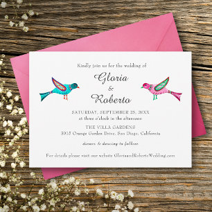 Invitation Mariage mexicain Pink & Blue Lovebirds Boho