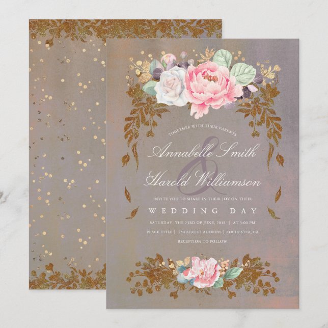 Invitation Mariage mi-été Floral Violet Blush Gold Sage (Devant / Derrière)