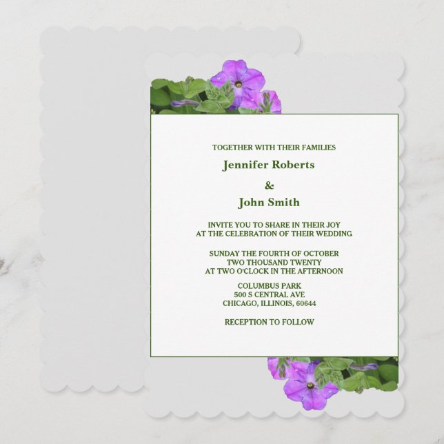 Invitation Mariage Mignon Gris Violet Vert Sauge Floral Pourp (Devant / Derrière)