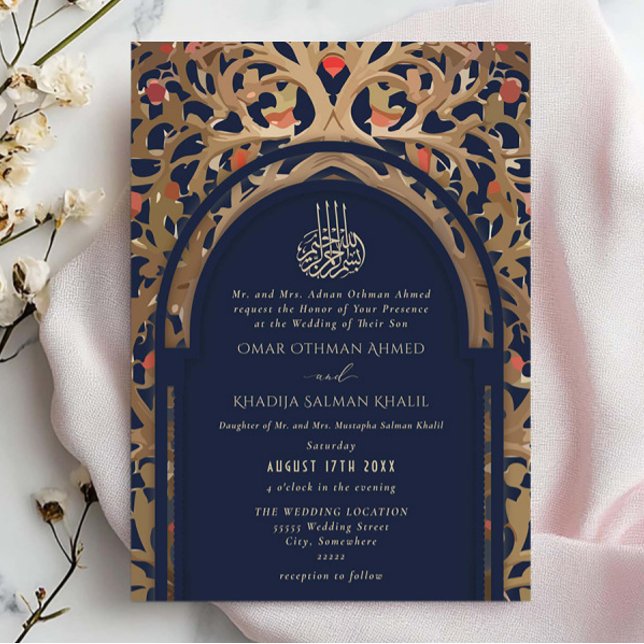 Invitation Mariage Mihrab Arabesque Bleu Nuit Islamique (Créateur téléchargé)