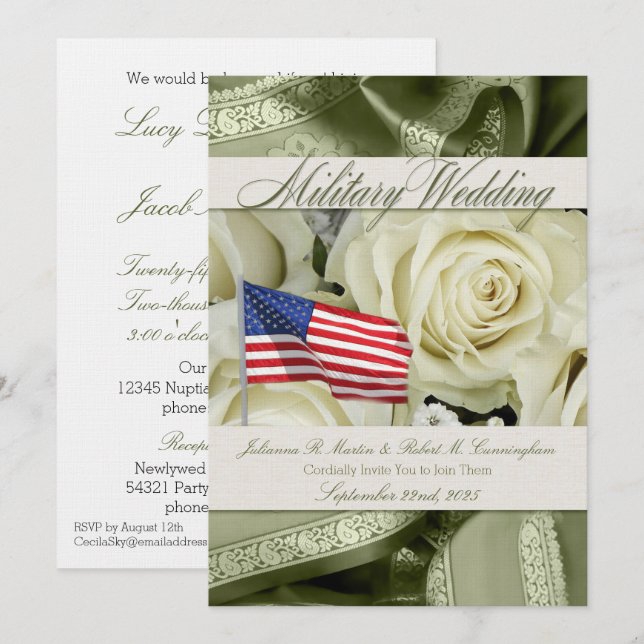 Invitation Mariage militaire Inviter d'élégantes roses blanch (Devant / Derrière)