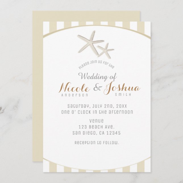 Invitation Mariage minimal à la plage de Starfish Tan Striped (Devant / Derrière)