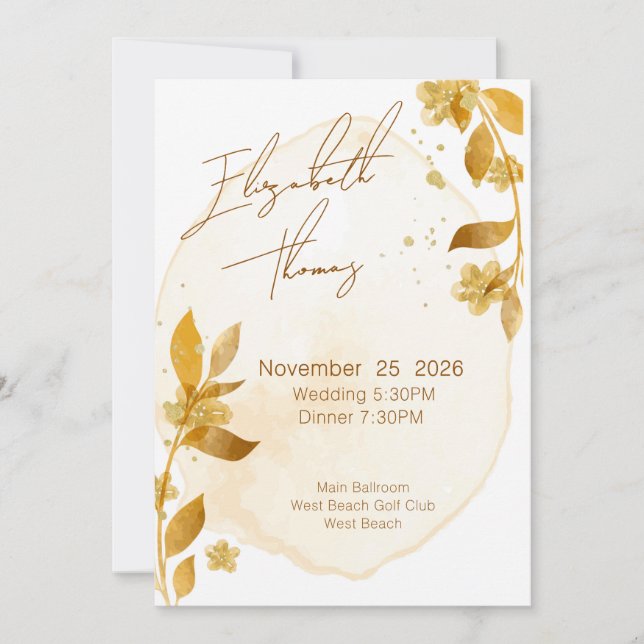 Invitation Mariage minimal automnal doré botanique script (Devant)