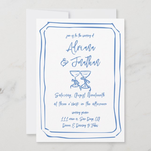 Invitation Mariage Minimal Bleu et Blanc Dessiné à la Main (Devant)