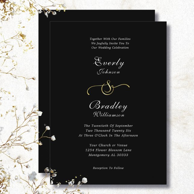Invitation Mariage minimal chic avec fond noir et or blanc (Créateur téléchargé)