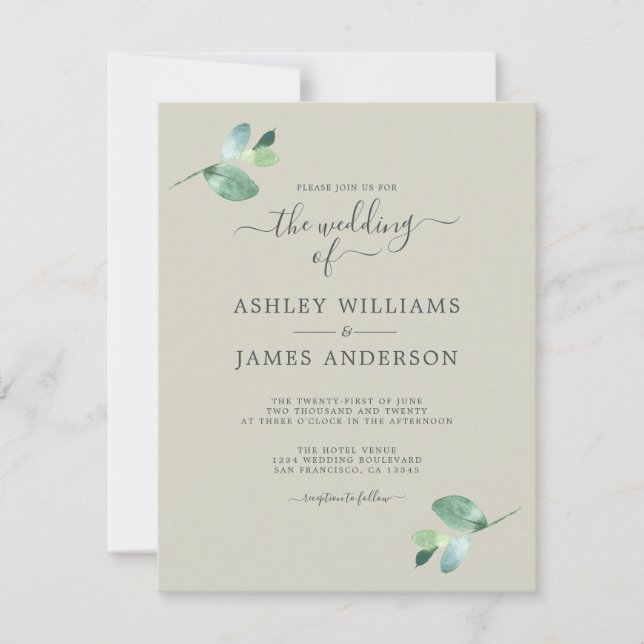 Invitation Mariage minimal de feuillage Eucalyptus à script c (Devant)