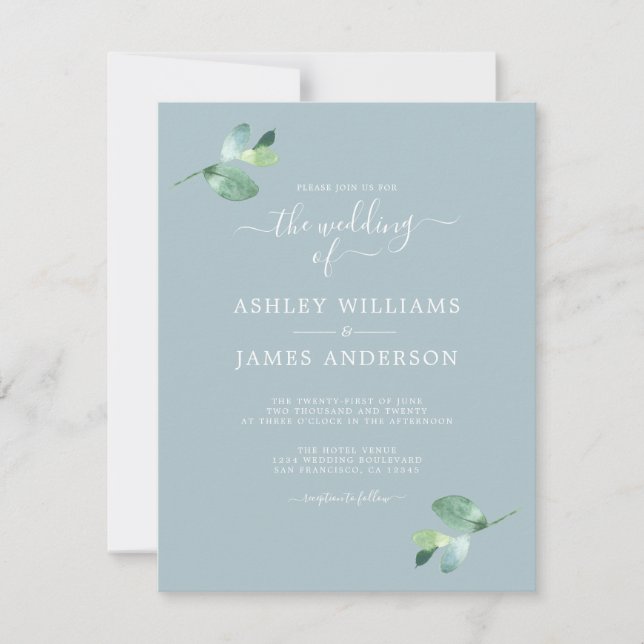 Invitation Mariage minimal de feuillage Eucalyptus à script c (Devant)