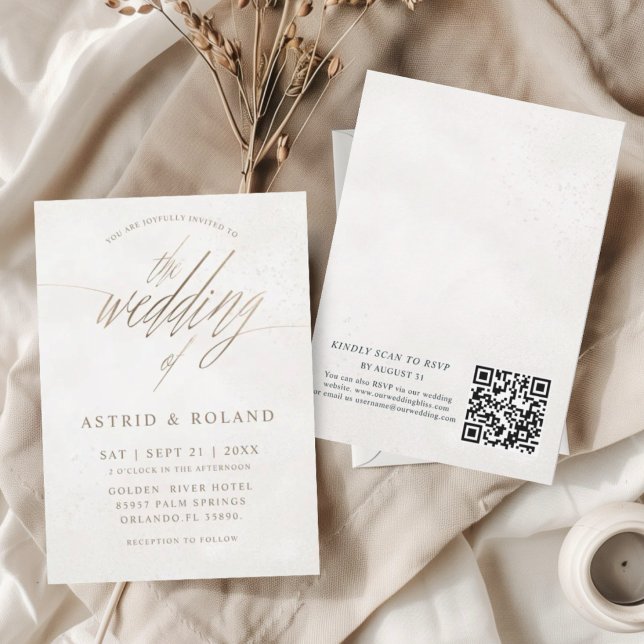Invitation Mariage minimal de luxe avec QR Code or et beige (Créateur téléchargé)