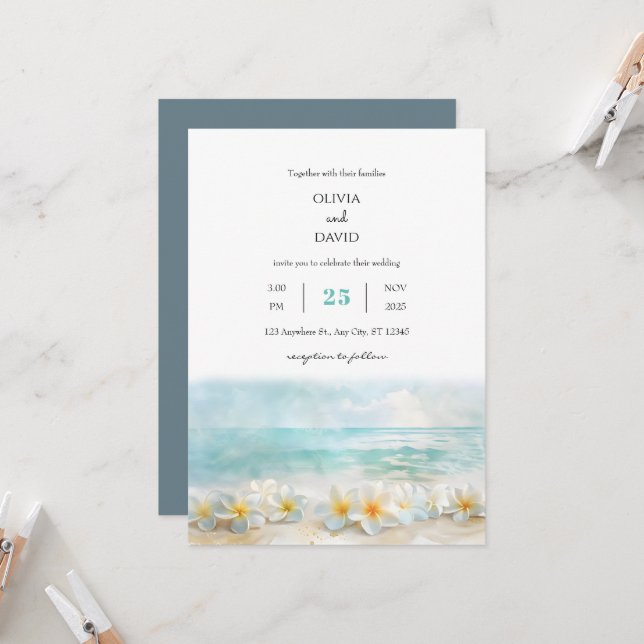 Invitation Mariage minimal de Plumeria Mer Turquoise (Devant/Arrière en situation)