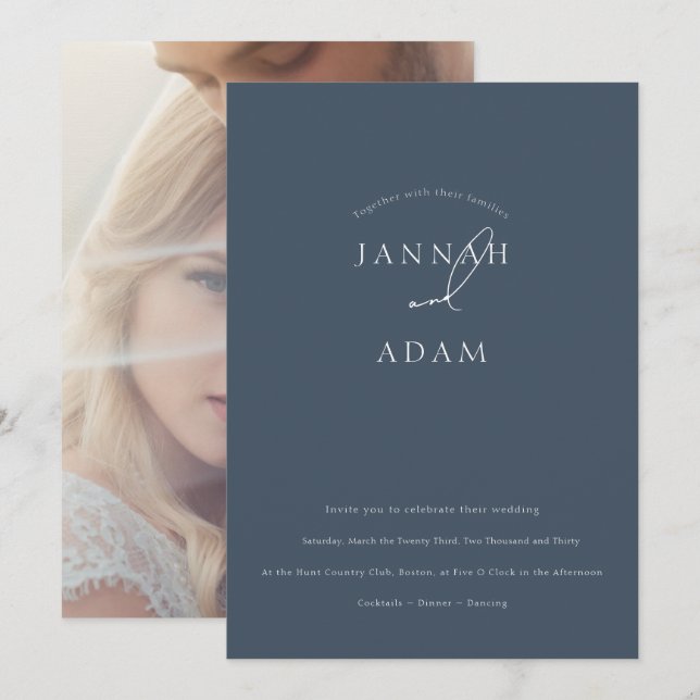 Invitation Mariage Minimal Élégant Ardoise Bleu Script (Devant / Derrière)