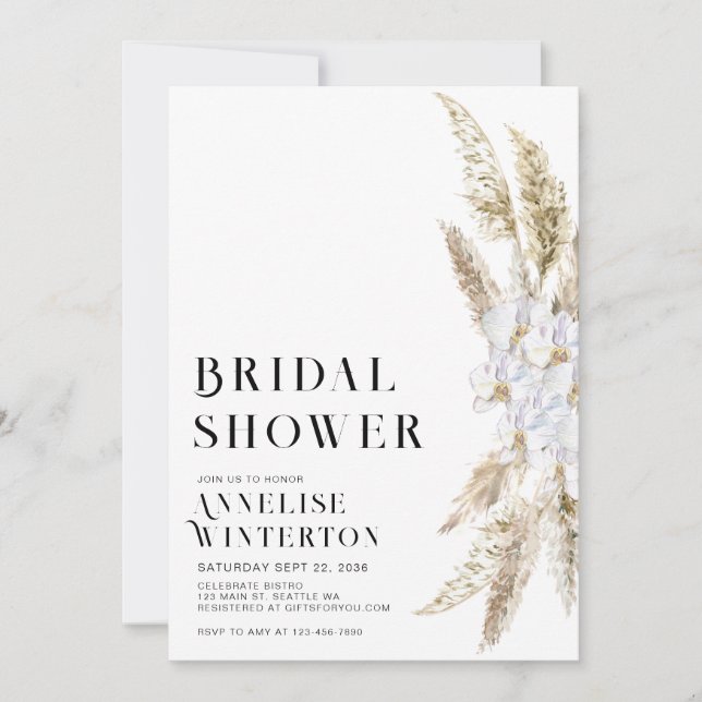 Invitation Mariage minimal élégant avec herbe de Pampas blanc (Devant)