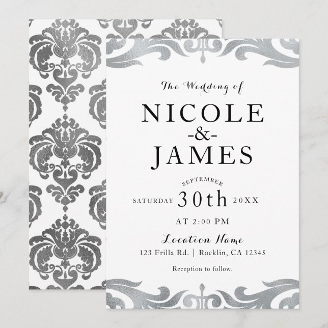 Invitation Mariage minimal élégant chic damassé argent et bla (Devant / Derrière)