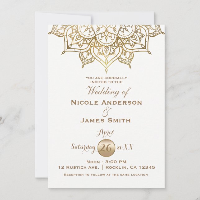 Invitation Mariage minimal élégant moderne mandala blanc or (Devant)
