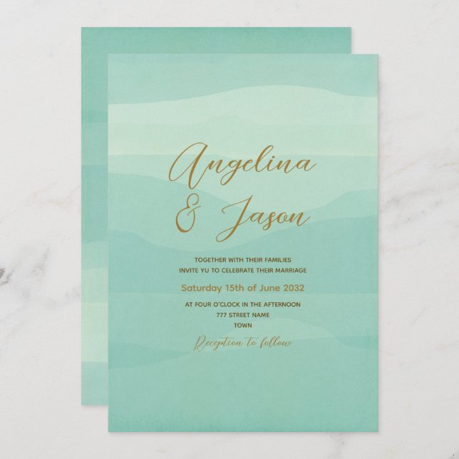 Invitation Mariage minimal Gold Sage vert (Devant / Derrière)