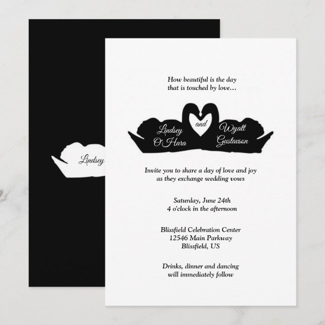 Invitation Mariage minimal moderne Black & White Heart & Cygn (Devant / Derrière)
