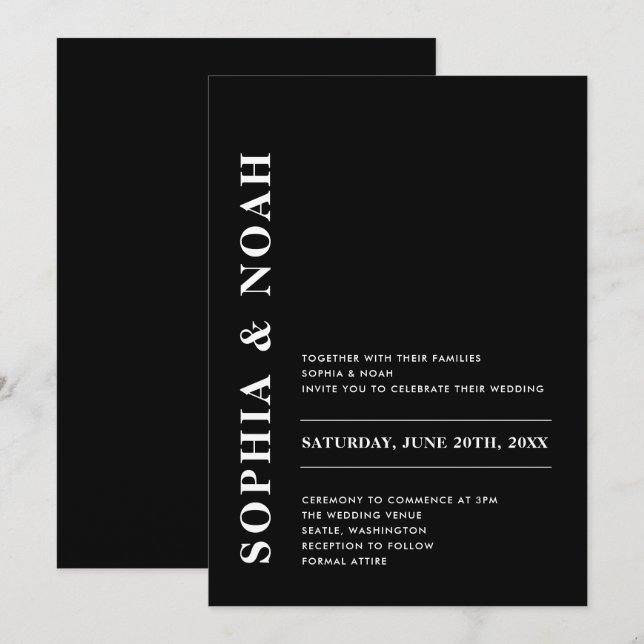 Invitation Mariage minimal moderne noir & blanc élégant (Devant / Derrière)