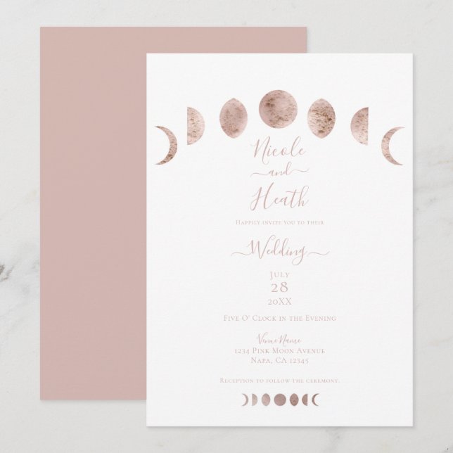 Invitation Mariage Minimal Moderne Phases de Lune Rose Boho (Devant / Derrière)