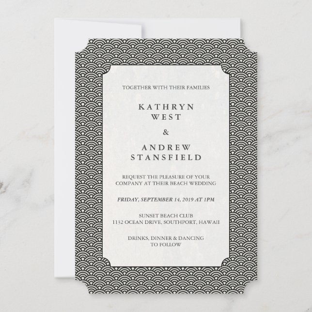 Invitation Mariage minimal noir + blanc des petites vagues ja (Devant)