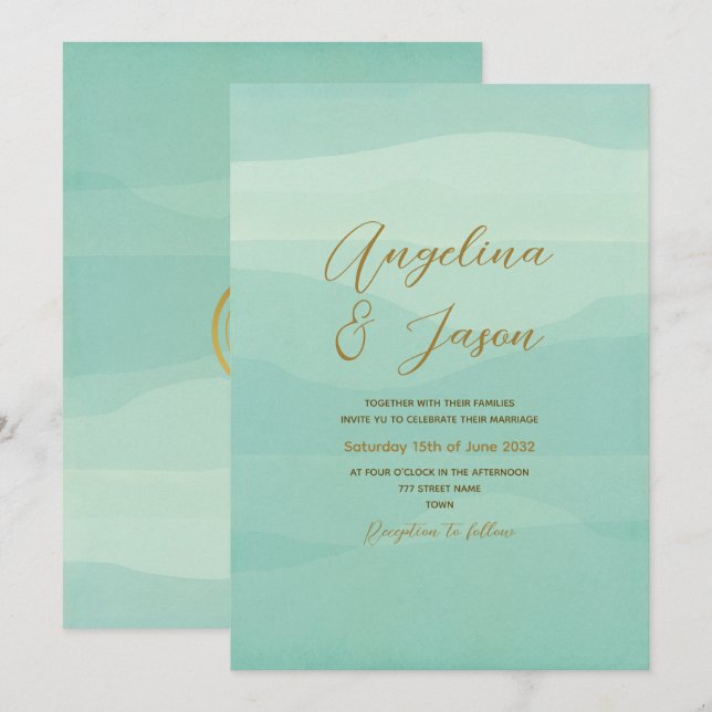 Invitation Mariage Minimal Or Sauge Vert (Devant / Derrière)