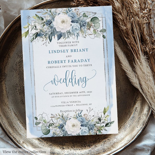 Invitation Mariage minimal Pastel Bleu Peonies d'argent blanc (Minimal Pastel Blue White Silver Peonies Wedding Invitation)