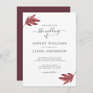 Invitation Mariage minimal pour feuille de bordeaux chic Scri