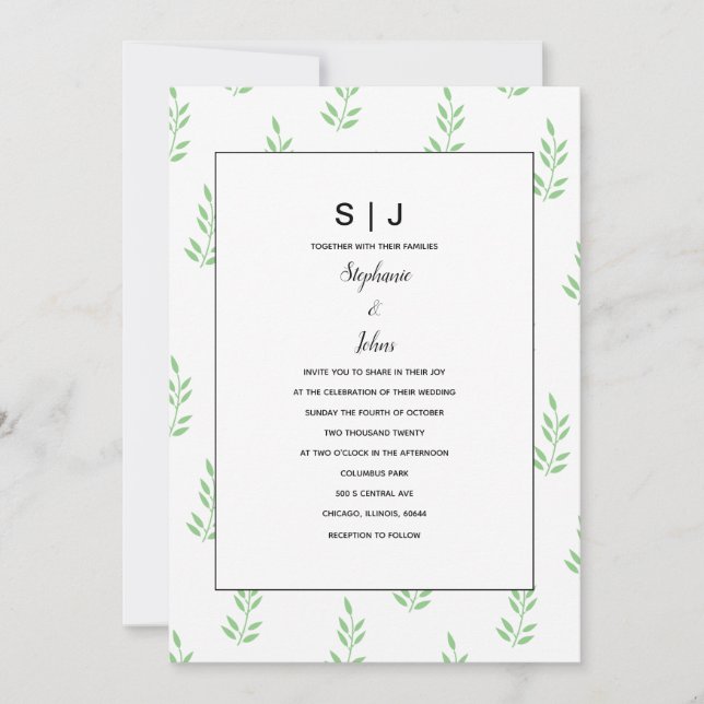Invitation Mariage minimal pour le monogramme vert des feuill (Devant)