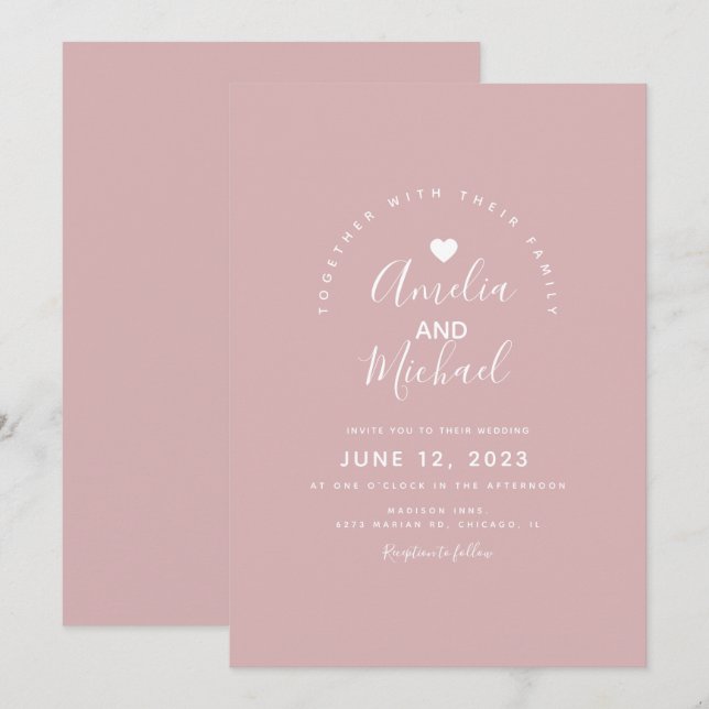 Invitation Mariage Minimal Simple Rose Pâle Coeur (Devant / Derrière)