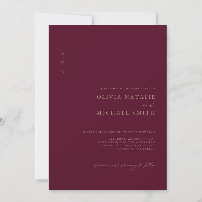 Invitation Mariage Minimal Tout En Un Code QR Bourgogne & Or (Devant)