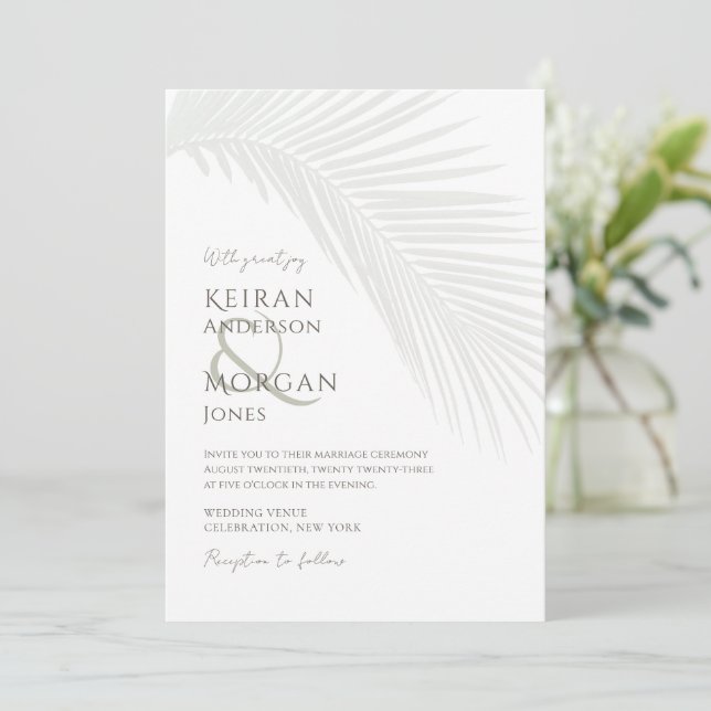 Invitation Mariage minimal Tropical Palm Leaf Boho Beach (Debout devant)