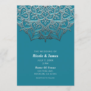 Invitation Mariage minimal Turquoise et argenté Mandala Éléga